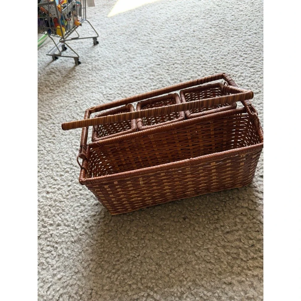 Vtg Wicker Basket Compartment Caddy Picnic Table Utensil Double Handle 4 Section